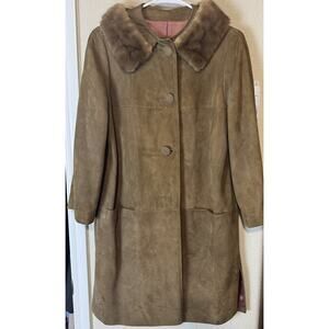 VTG 60s Annshire Brown Suede Coat Fur collar USA ILGWU Women's Sz M Old Money